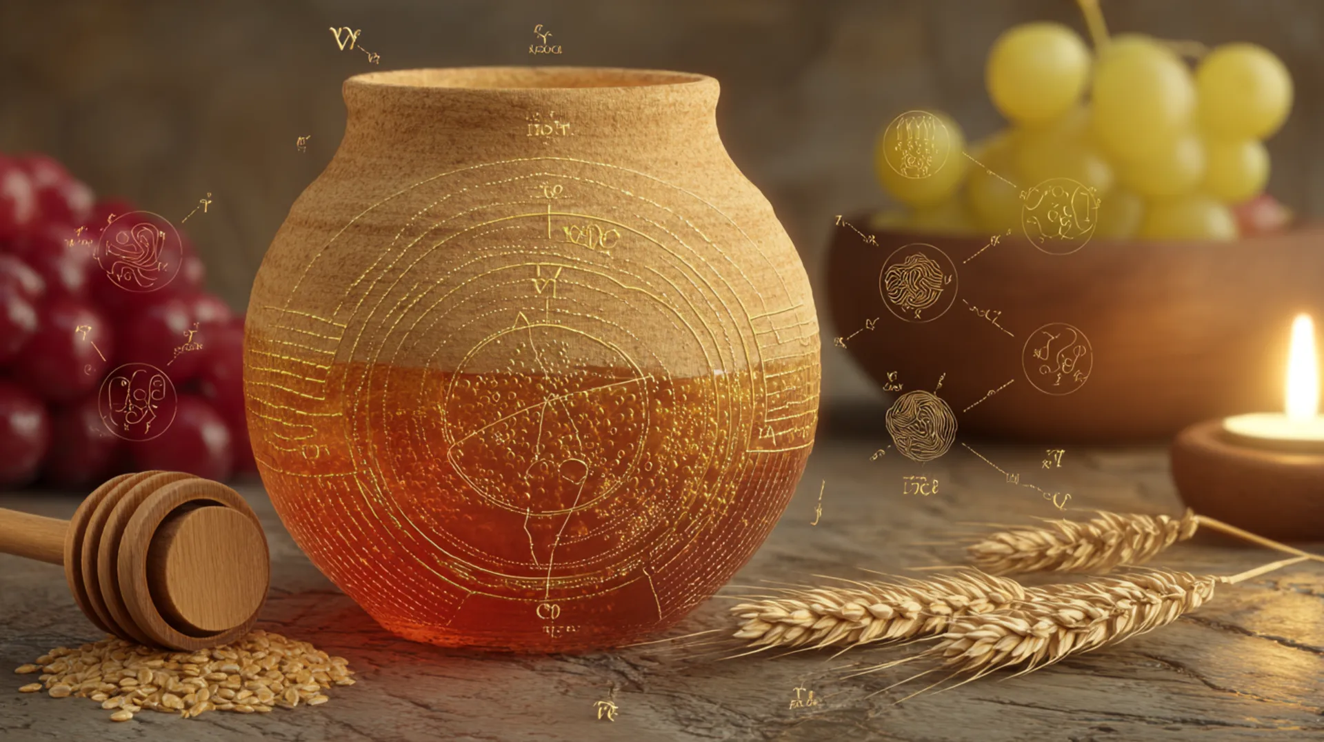 Clay pot with fermenting liquid, grapes, and wheat