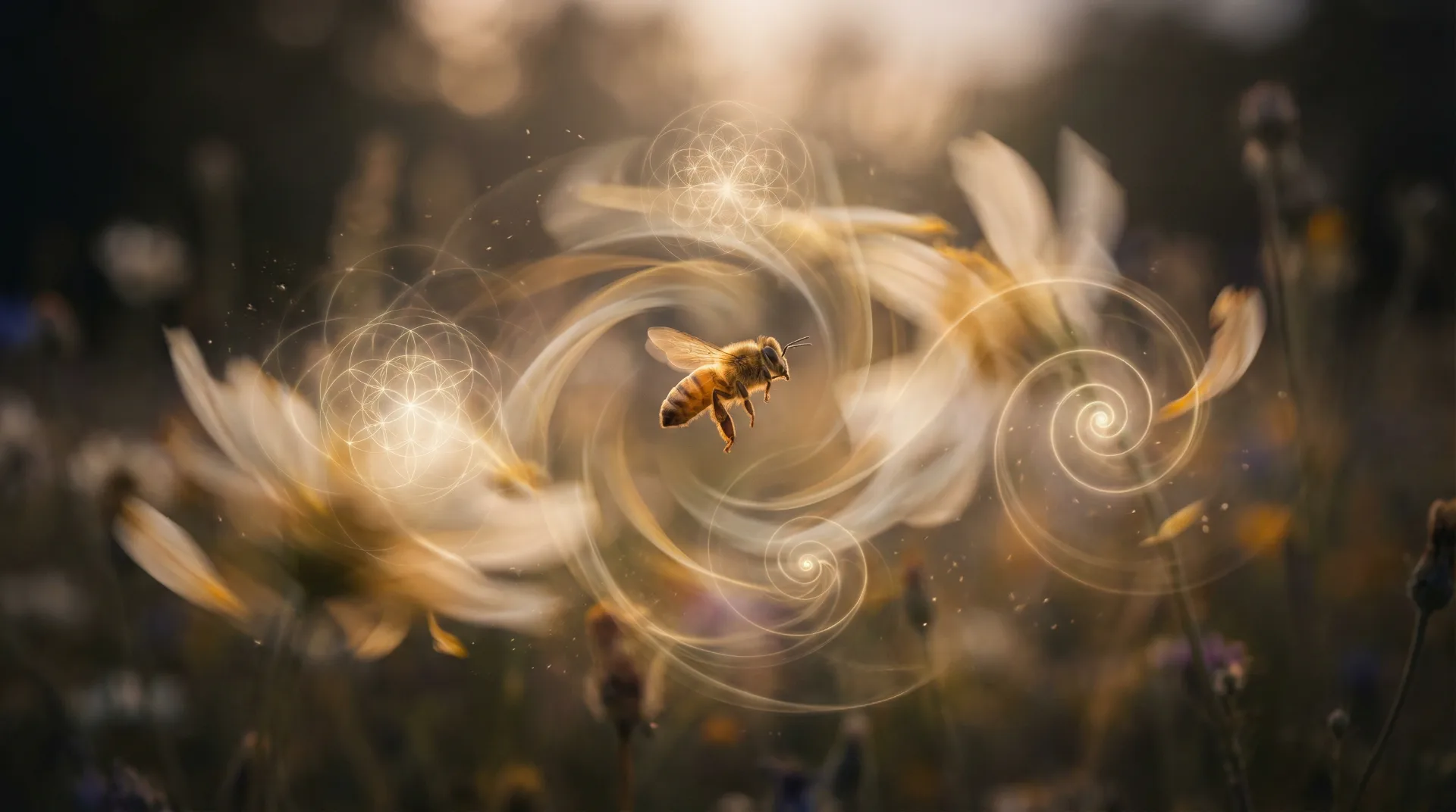 Honeybee floating among golden spirals and sacred geometry patterns in ethereal light