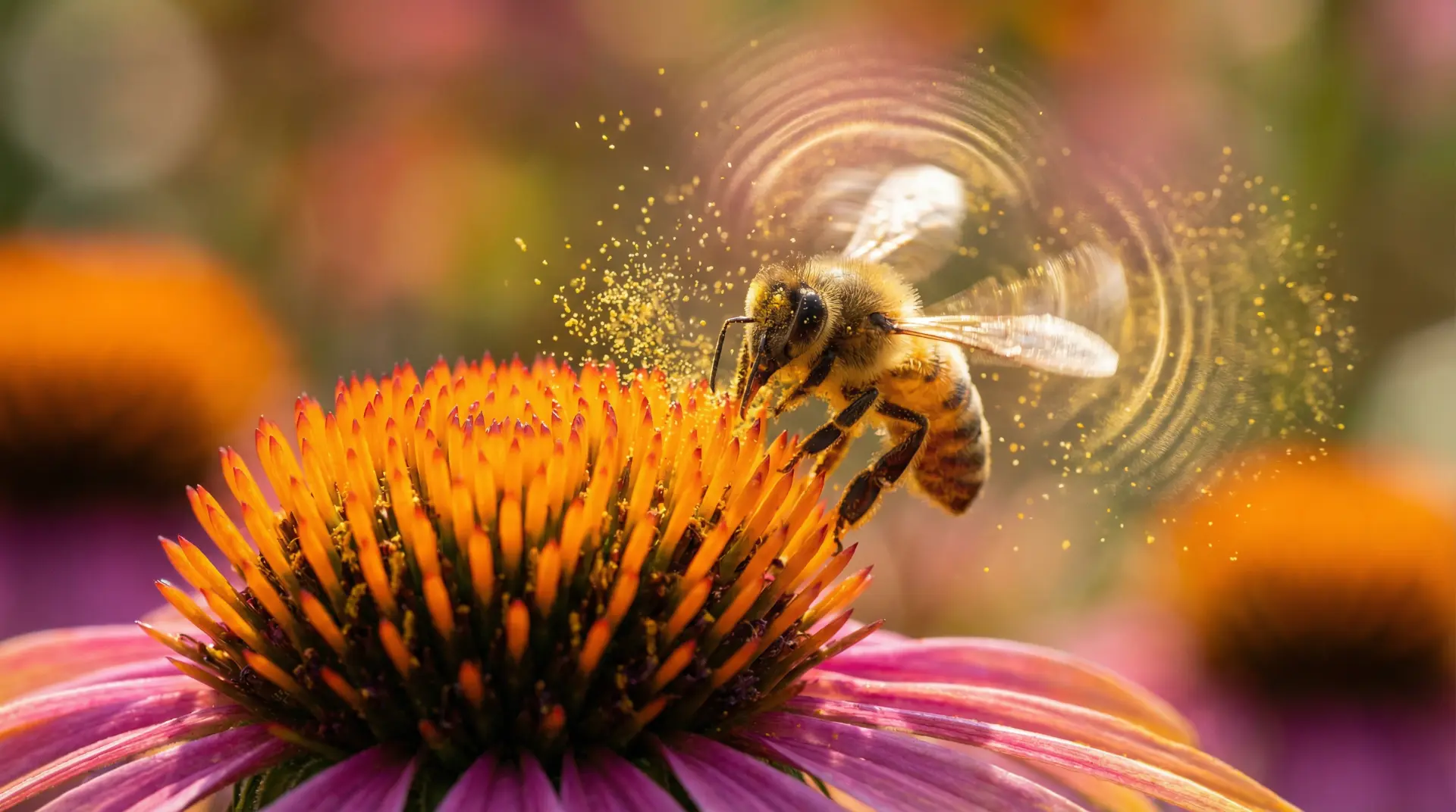 Bee gathering pollen from vibrant echinacea flower with golden pollen burst and sound wave ripples