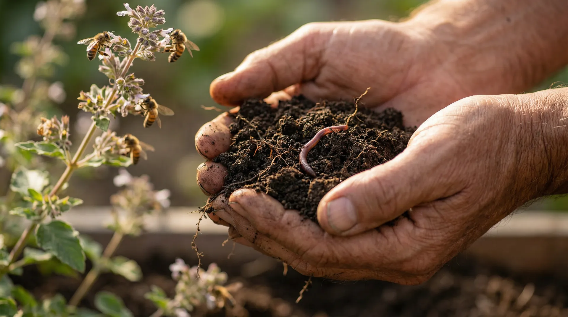 Weathered hands cradling rich soil with an earthworm as bees pollinate flowering herbs nearby