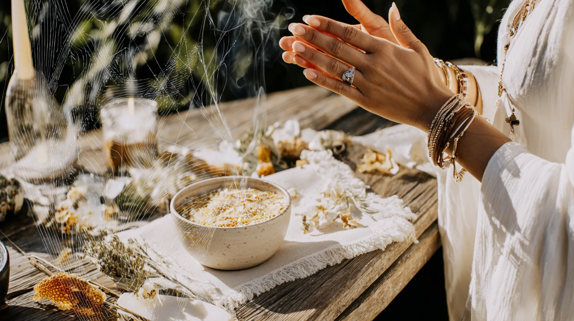 Hands raised in prayer over a bowl of bee bread with sacred smoke and dried flowers on rustic wooden table