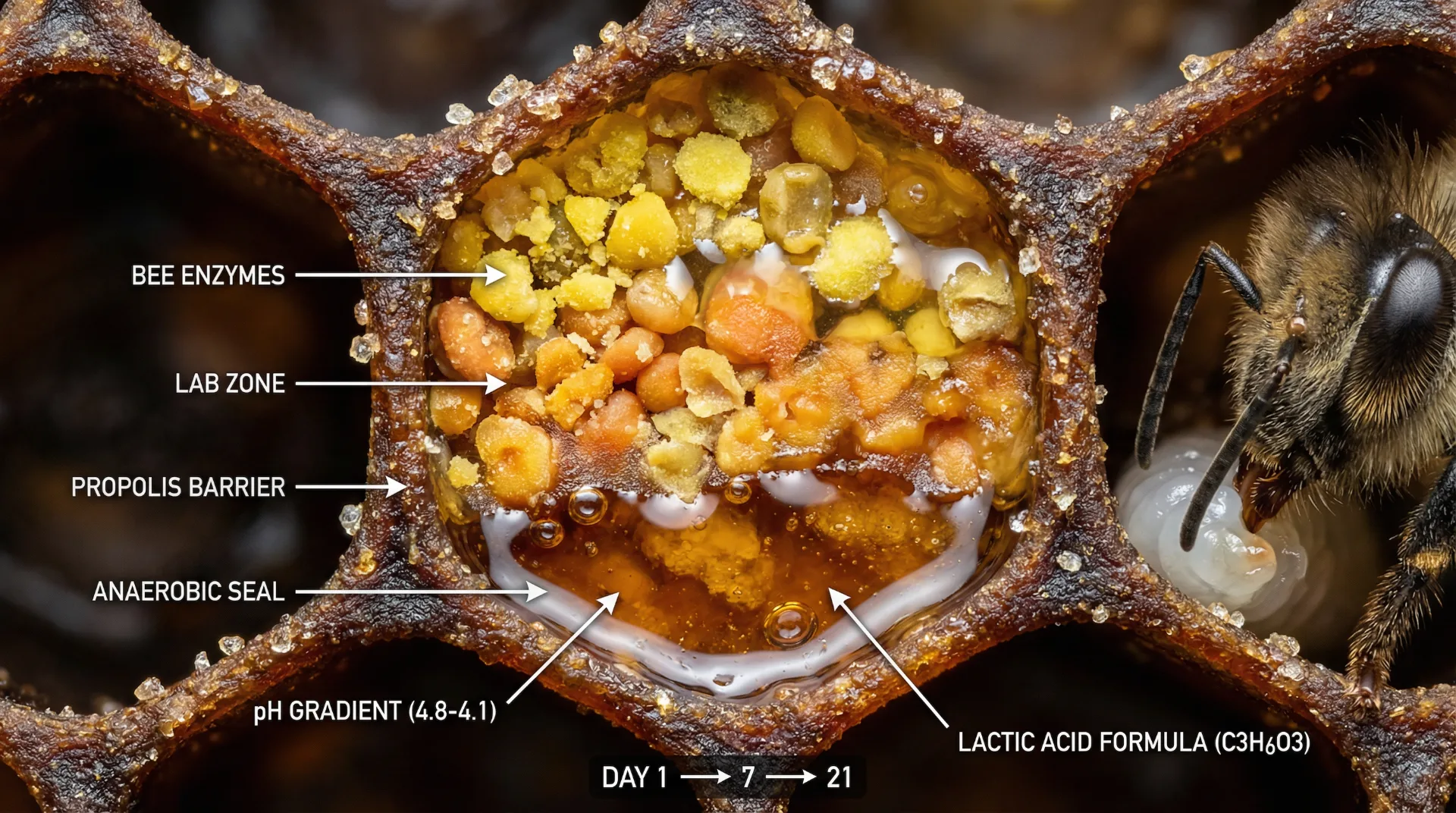 Cross-section of fermentation cell showing bee enzymes, LAB zone, and pH gradient